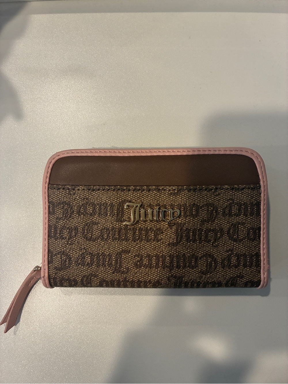 Juicy Couture Brown Logo Zip Wallet with Pink Trim
